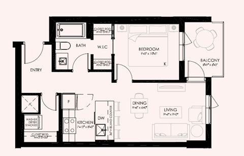 Floor plan for 1 bed, 1 bath, 534 sqft